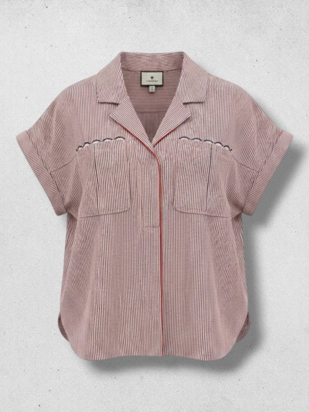 Tuckernuck Scalloped Crochet Trim Striped Blouse S